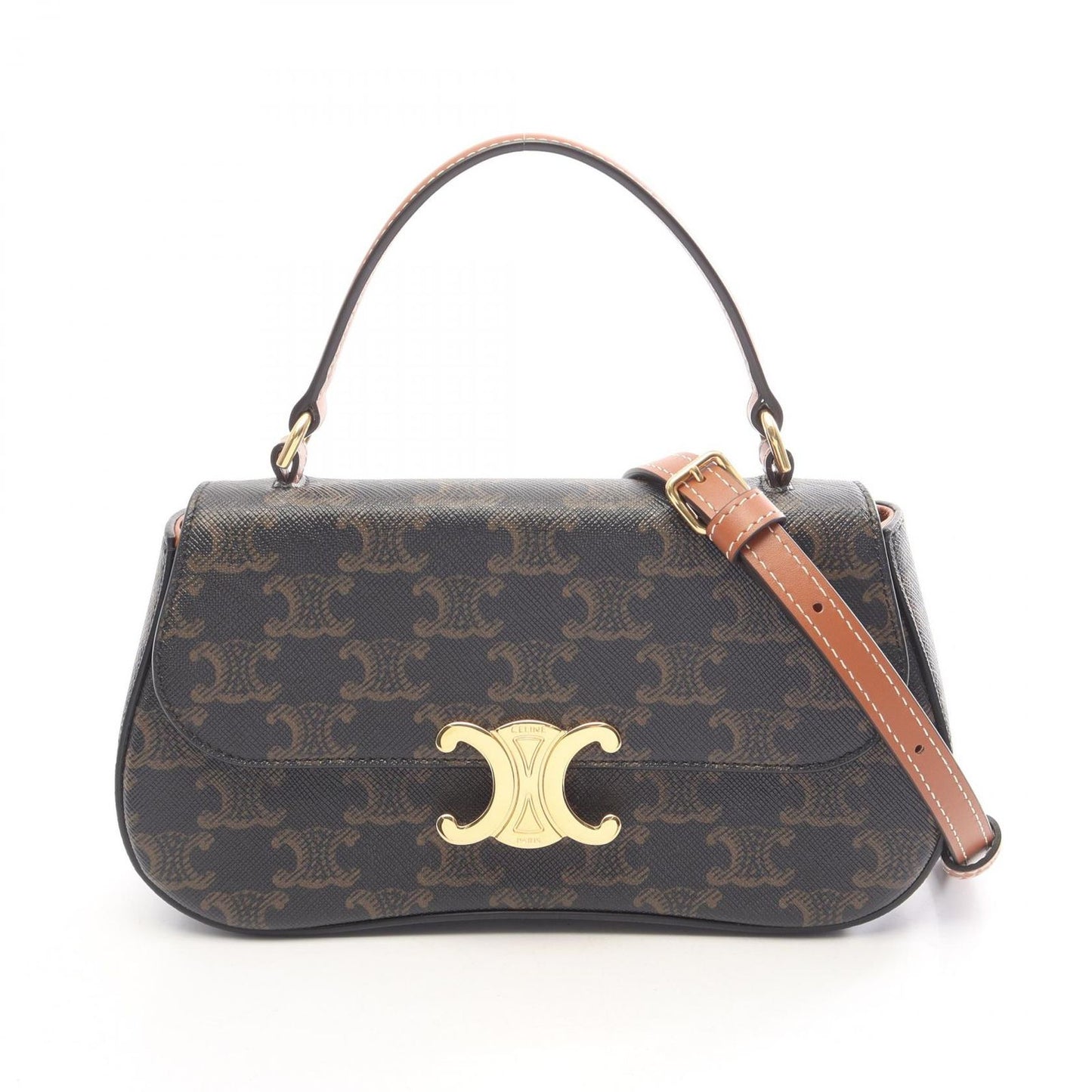 Celine Handbag Triomphe Teenage Laura 2-Way Brown Black Leather