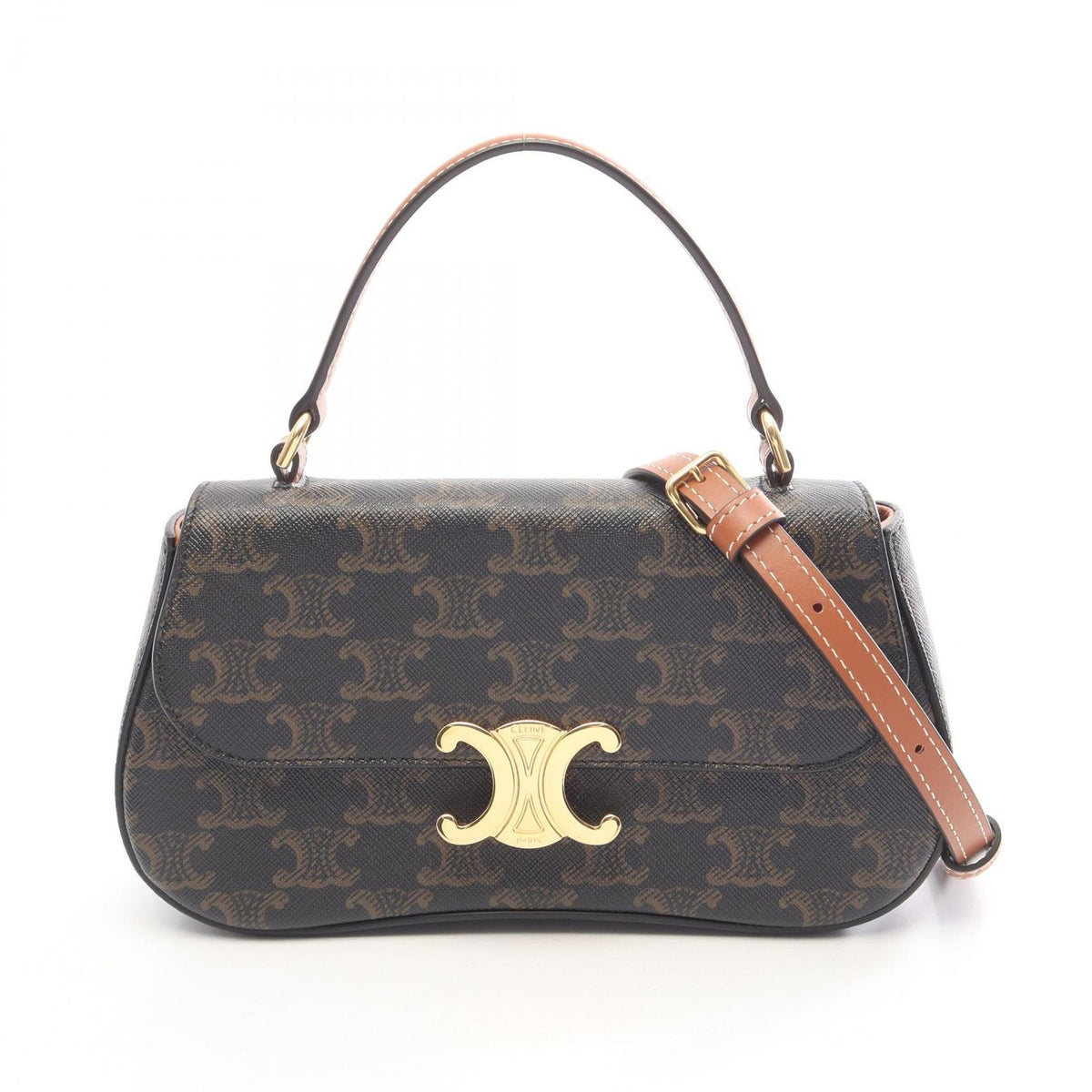 Celine Handbag Triomphe Teenage Laura 2-Way Brown Black Leather