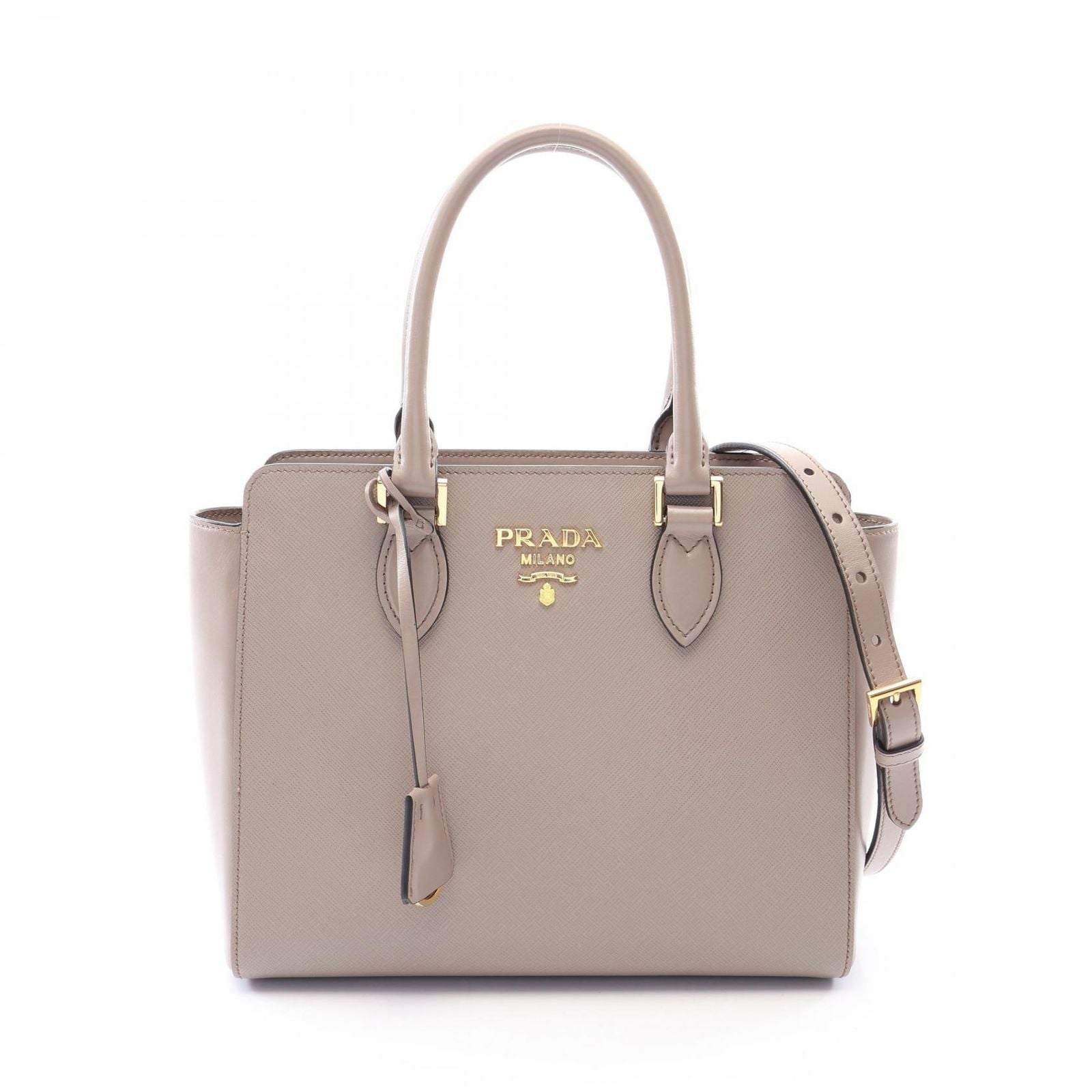 Prada Handbag Logo Greige Saffiano Leather Metal 2-Way Tote