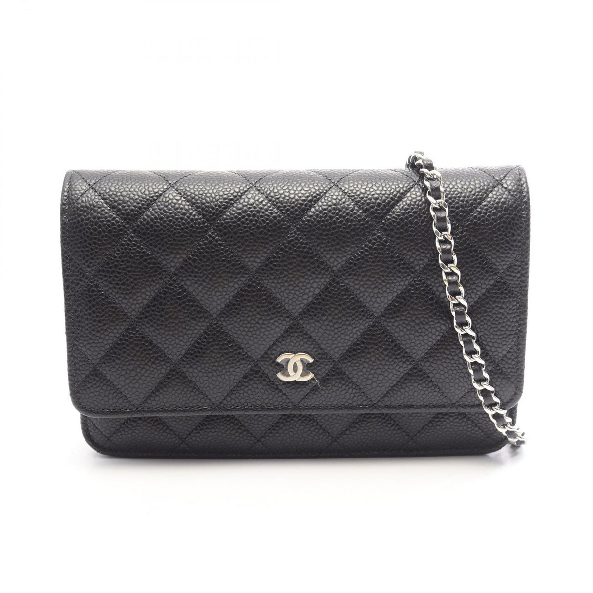 Chanel Shoulder Bag Quilted Black Caviar Leather Chain Wallet