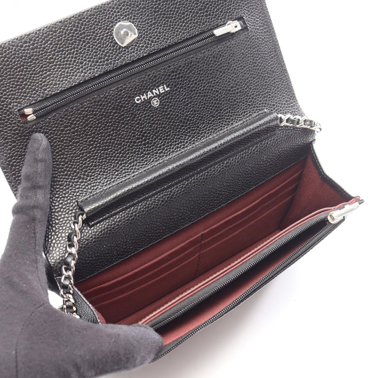 Chanel Shoulder Bag Quilted Black Caviar Leather Chain Wallet — view 3