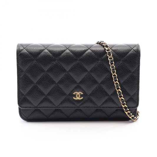 Chanel Shoulder Bag Quilted Black Caviar Leather Chain Wallet