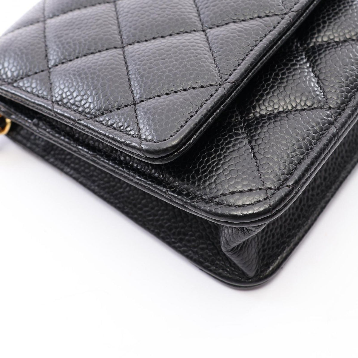 Chanel Shoulder Bag Quilted Black Caviar Leather Chain Wallet — view 6
