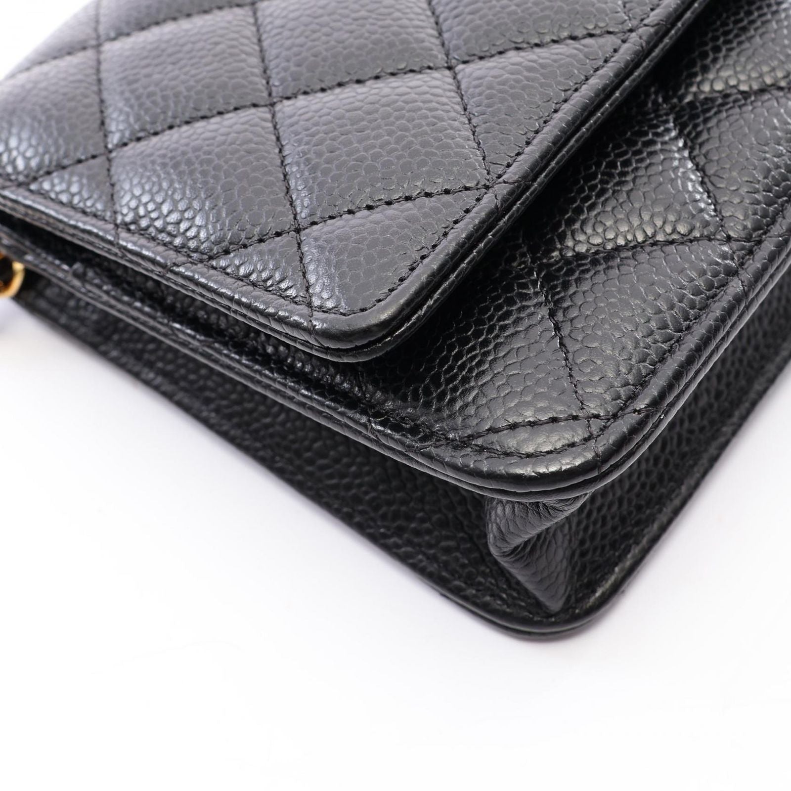 Chanel Shoulder Bag Quilted Black Caviar Leather Chain Wallet — view 6