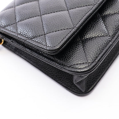 Chanel Shoulder Bag Quilted Black Caviar Leather Chain Wallet — view 6