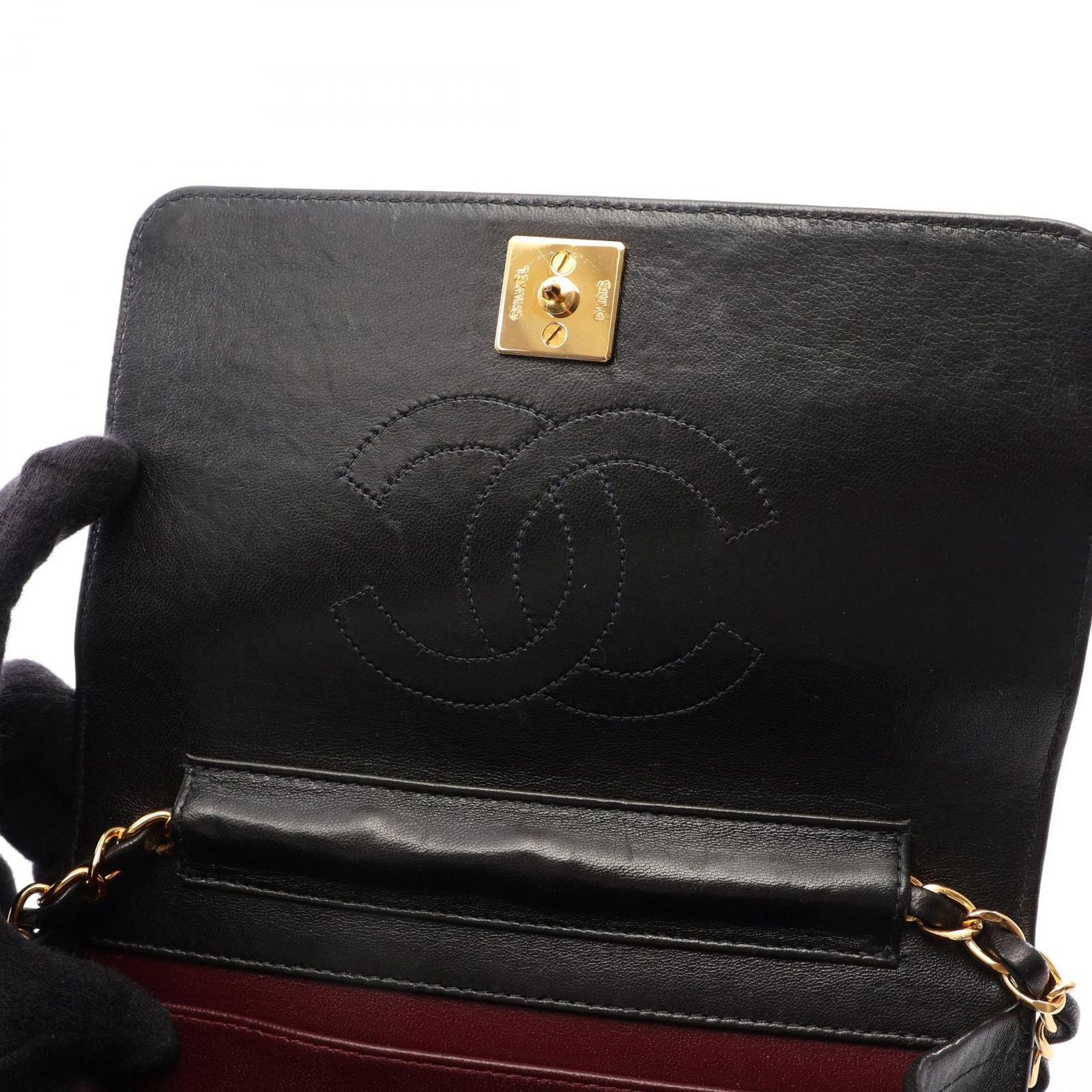 Chanel Shoulder Bag Mini Quilted Push Lock Full Flap Black Lambskin Small Chain — view 6