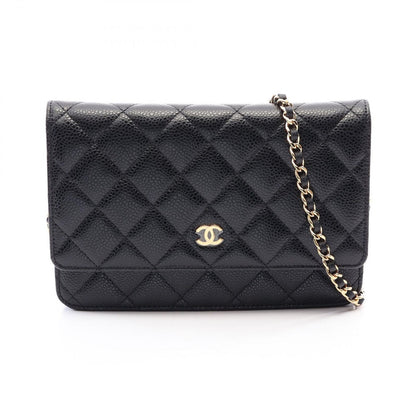 Chanel Shoulder Bag Quilted Black Caviar Leather Chain Wallet
