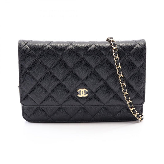 Chanel Shoulder Bag Quilted Black Caviar Leather Chain Wallet