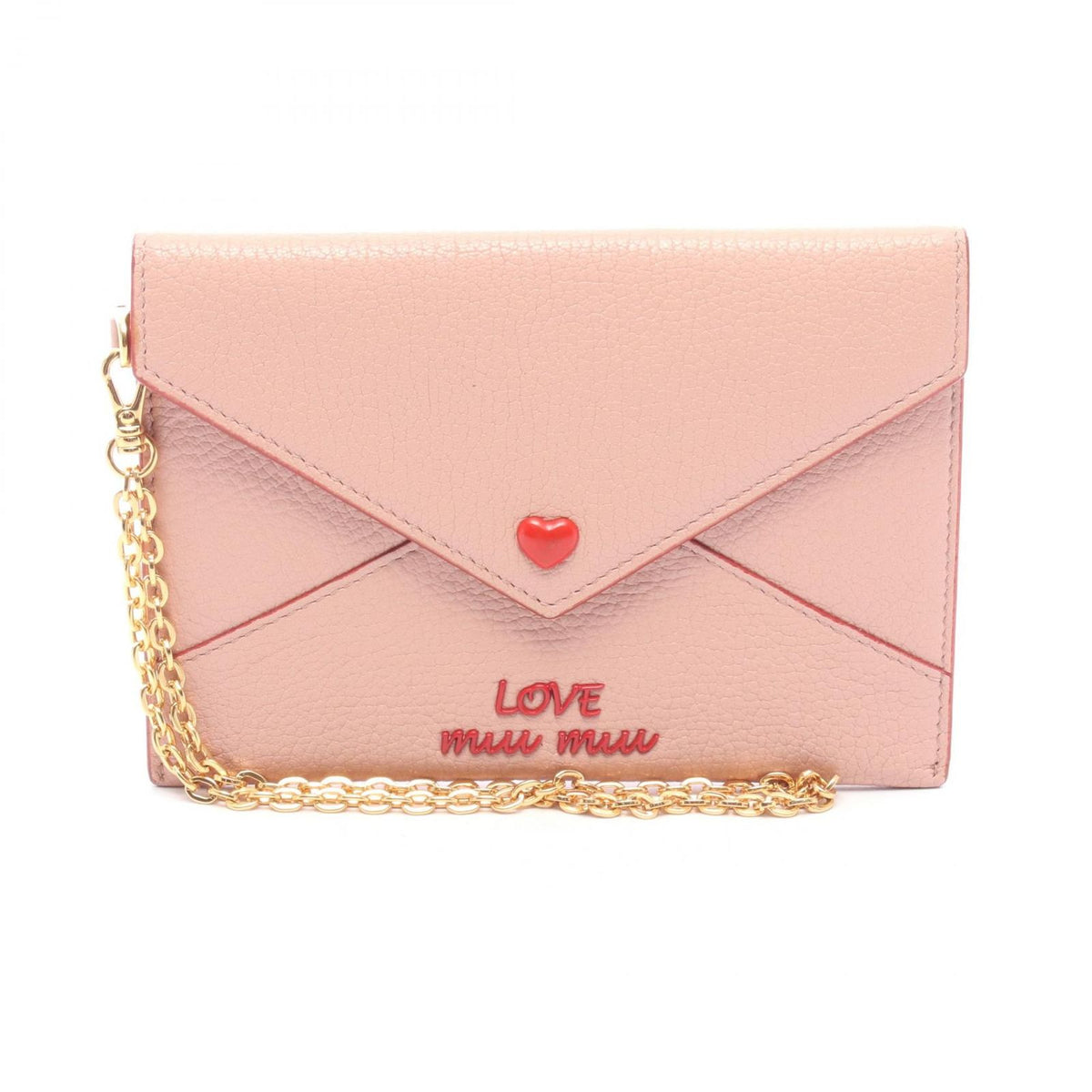 Miu Miu Pouch Madras Love Envelope Pink Beige Leather Matras Chain Card Case