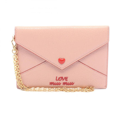 Miu Miu Pouch Madras Love Envelope Pink Beige Leather Matras Chain Card Case