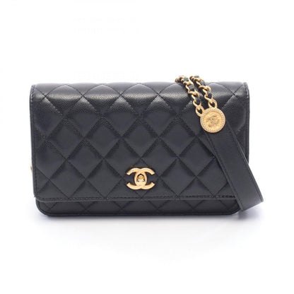 Chanel Shoulder Bag Quilted Black Caviar Leather Chain Wallet