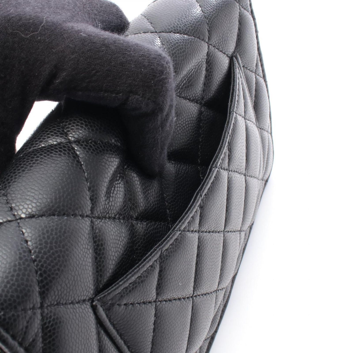 Chanel Shoulder Bag Quilted Black Caviar Leather Chain Wallet — view 6