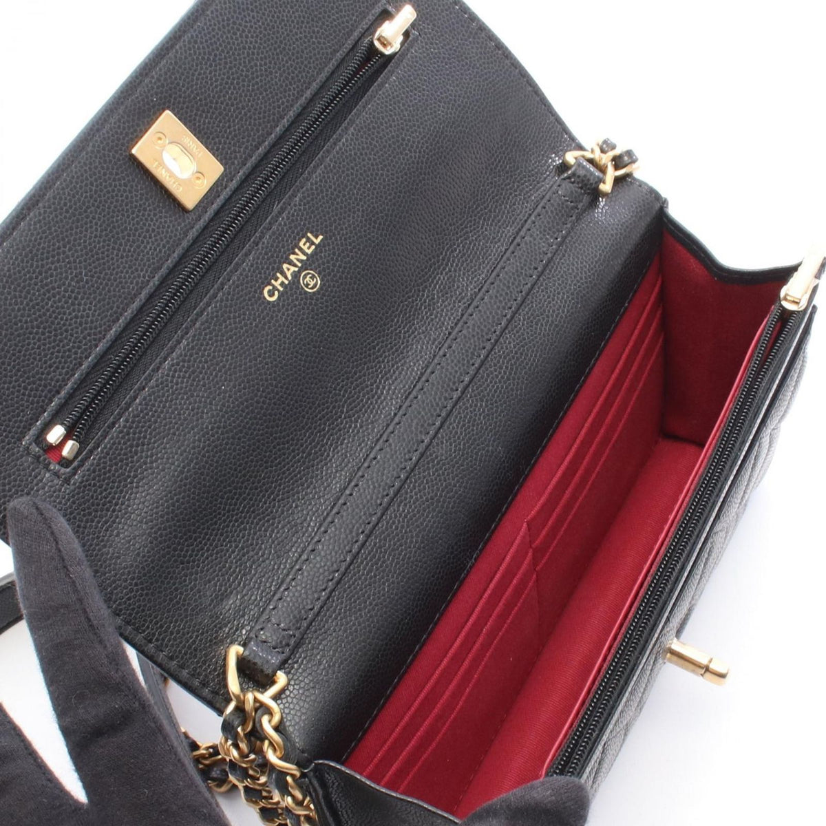 Chanel Shoulder Bag Quilted Black Caviar Leather Chain Wallet — view 3