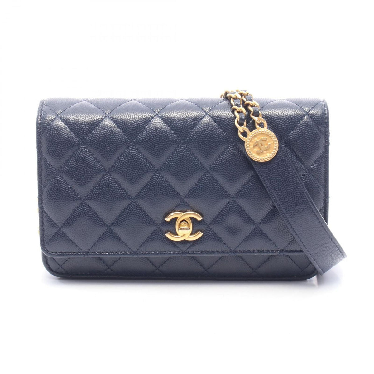 Chanel Shoulder Bag Quilted Navy Caviar Leather Chain Wallet