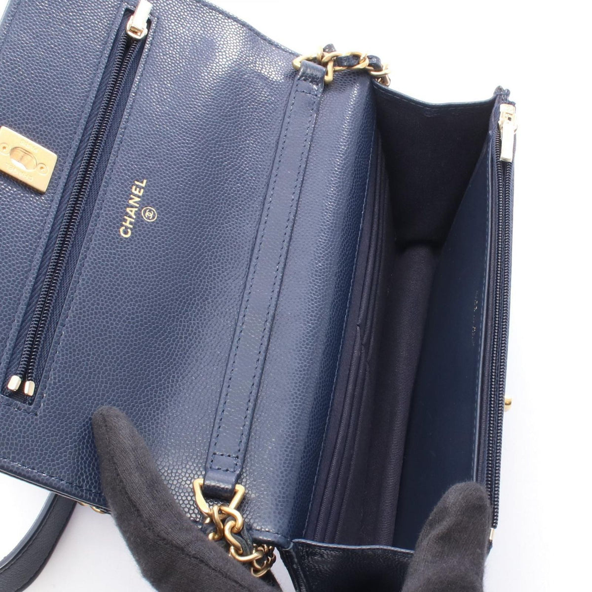 Chanel Shoulder Bag Quilted Navy Caviar Leather Chain Wallet — view 3