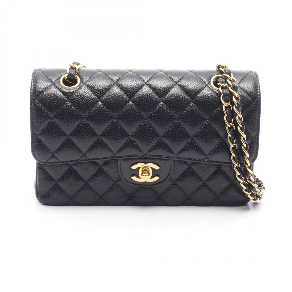 Chanel Shoulder Bag Quilted Double Flap Black Caviar Leather Chain