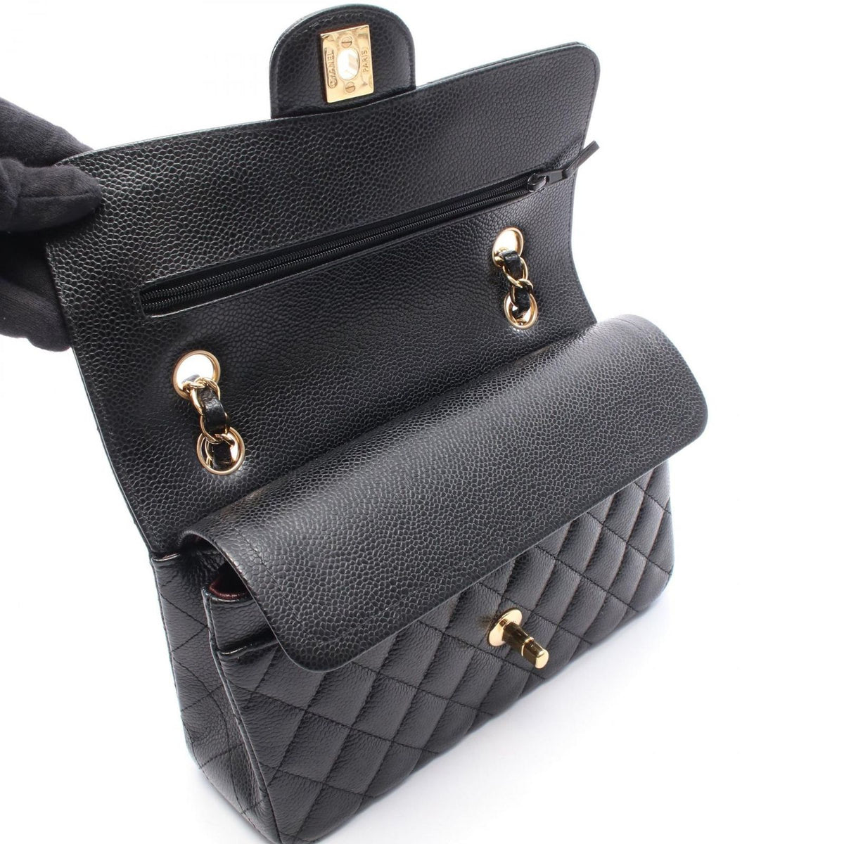 Chanel Shoulder Bag Quilted Double Flap Black Caviar Leather Chain — view 7