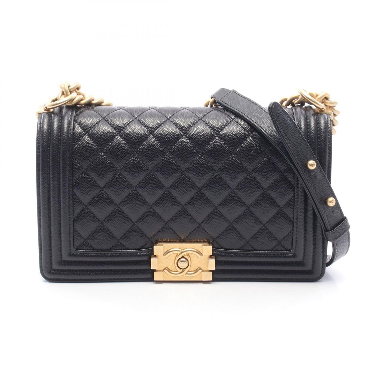Chanel Shoulder Bag Boy Black Caviar Leather Chain