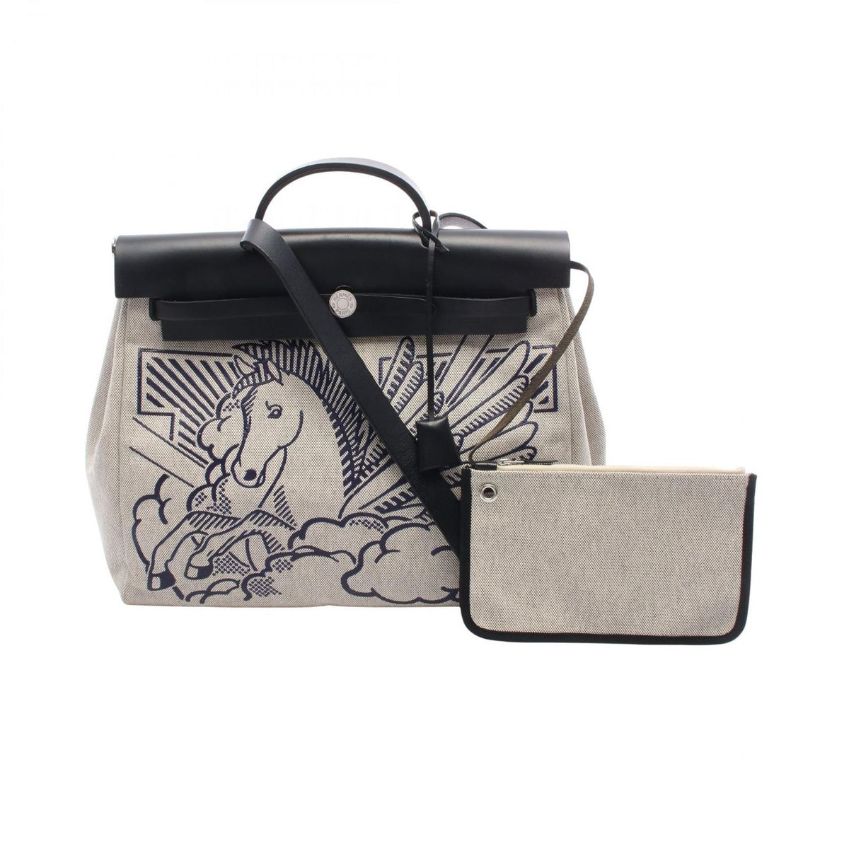 Hermes Handbag Herbag Zip MM Pegasus Pop Black Ecru Blue Indie Canvas Leather MM