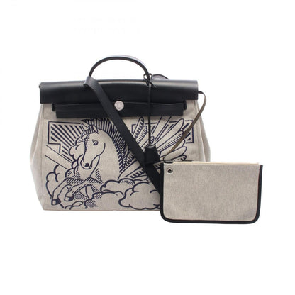 Hermes Handbag Herbag Zip MM Pegasus Pop Black Ecru Blue Indie Canvas Leather MM