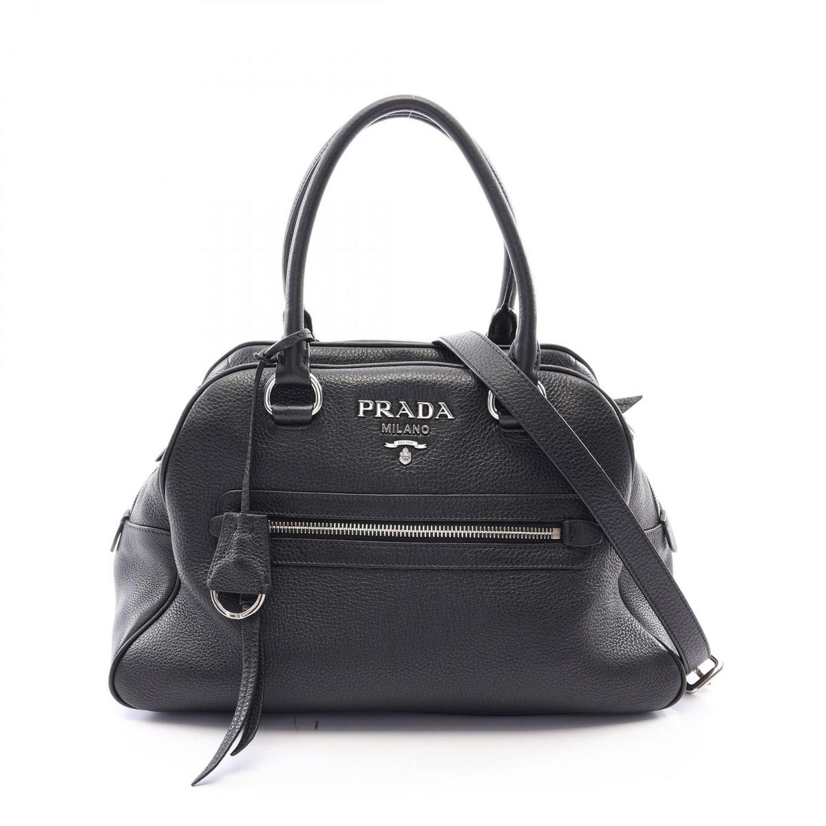 Prada Handbag Logo 2-Way Black Leather Metal