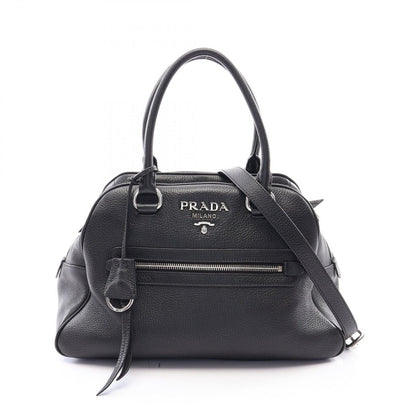 Prada Handbag Logo 2-Way Black Leather Metal
