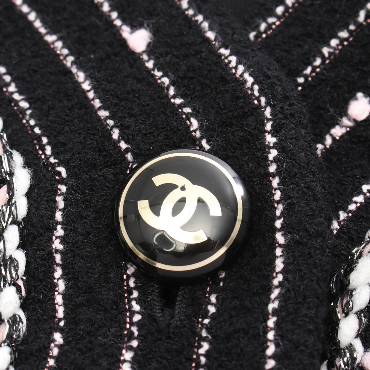 Chanel CC Logo Button Stripe Collarless Cotton Coat — view 7