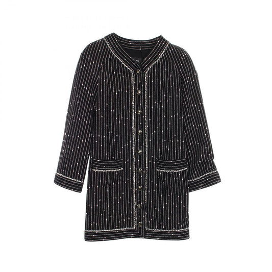 Chanel CC Logo Button Stripe Collarless Cotton Coat