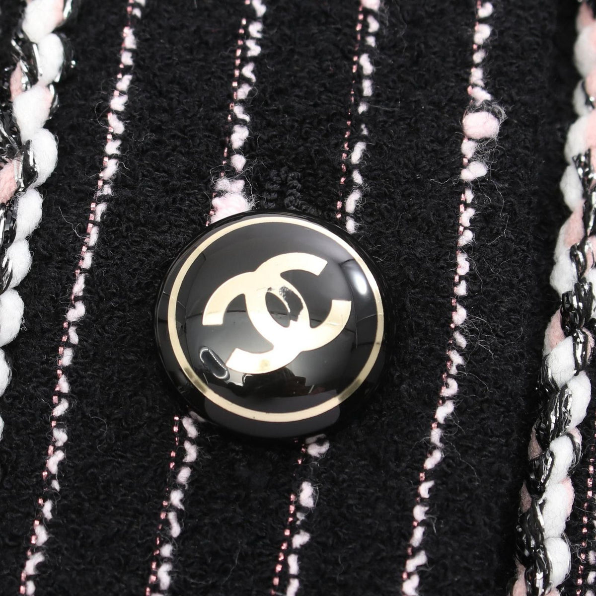 Chanel CC Logo Button Stripe Collarless Cotton Coat — view 8