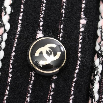 Chanel CC Logo Button Stripe Collarless Cotton Coat — view 8