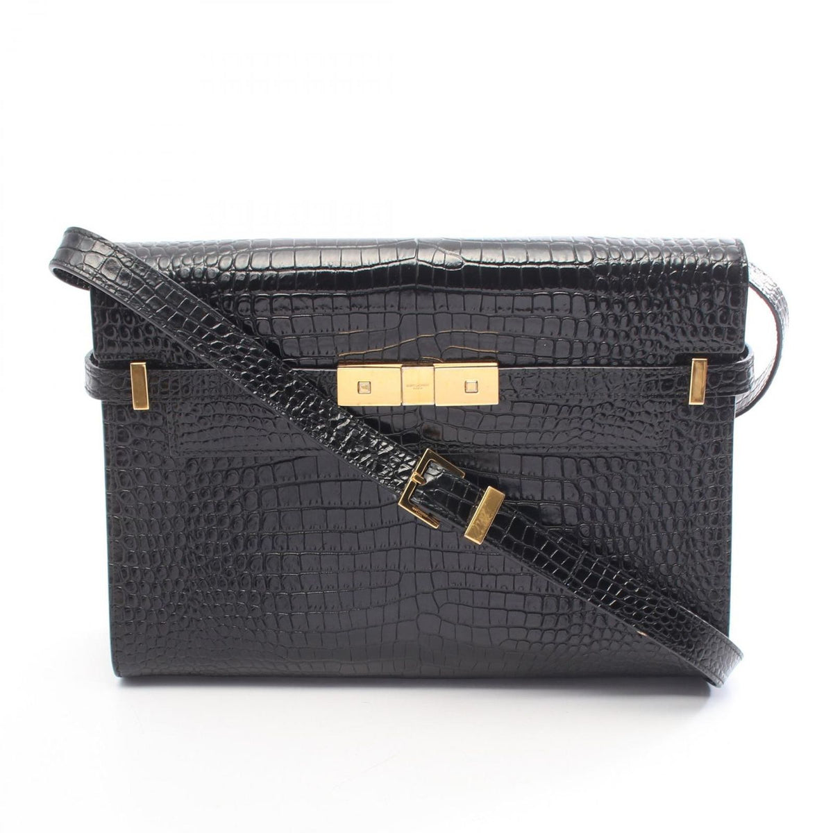 Saint Laurent Paris Shoulder Bag Manhattan Croco Embossed Black Leather