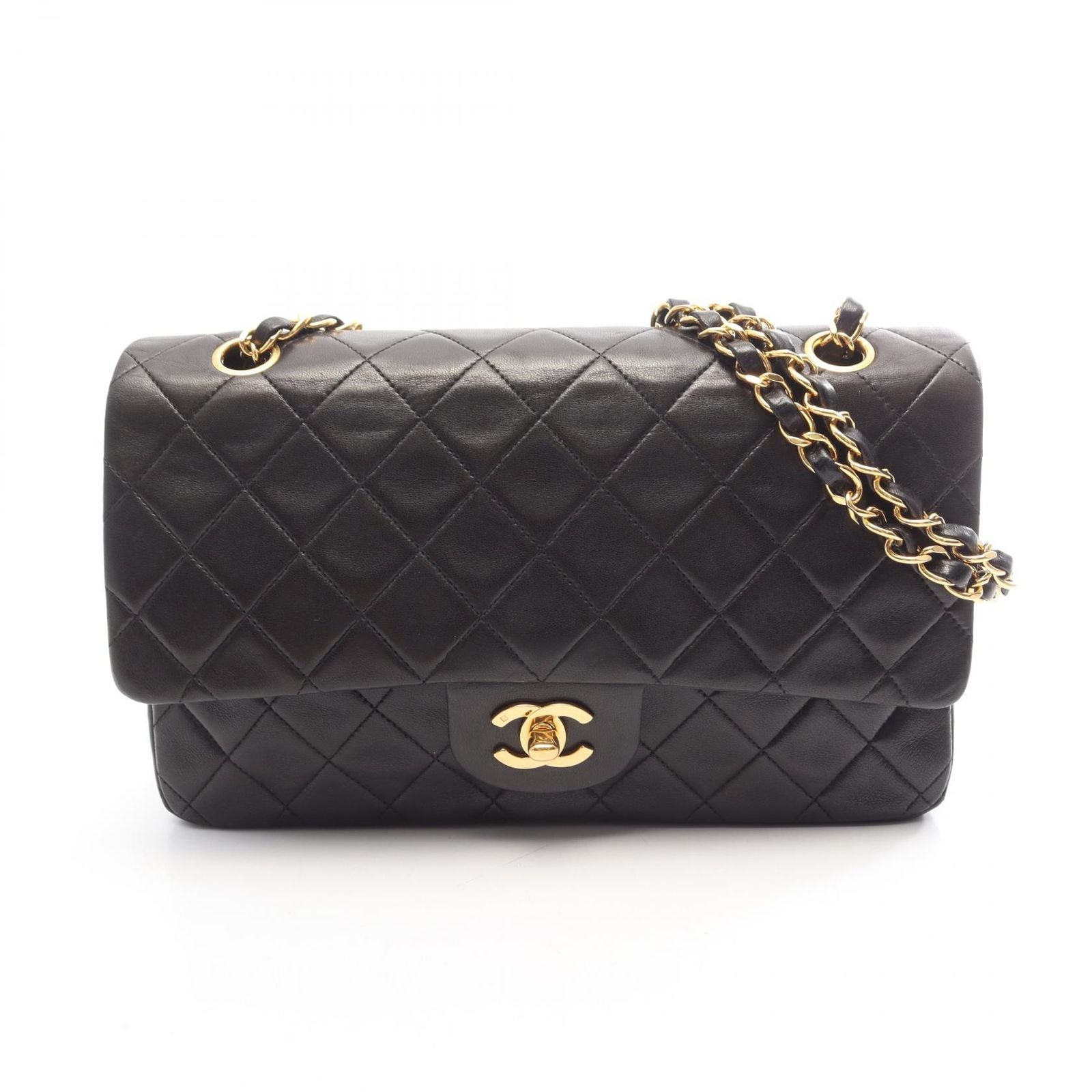 Chanel Shoulder Bag Quilted Double Flap Black Lambskin Chain