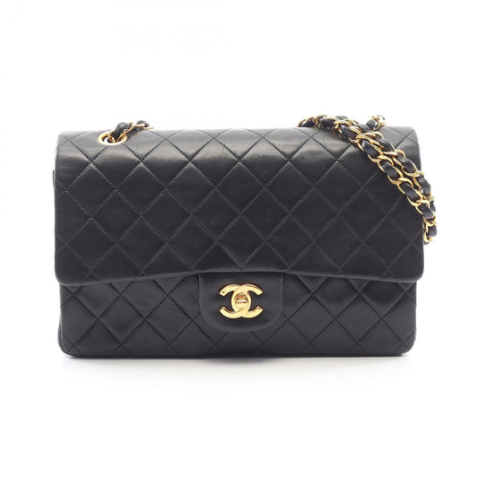 Chanel Shoulder Bag Quilted Double Flap Black Lambskin Chain