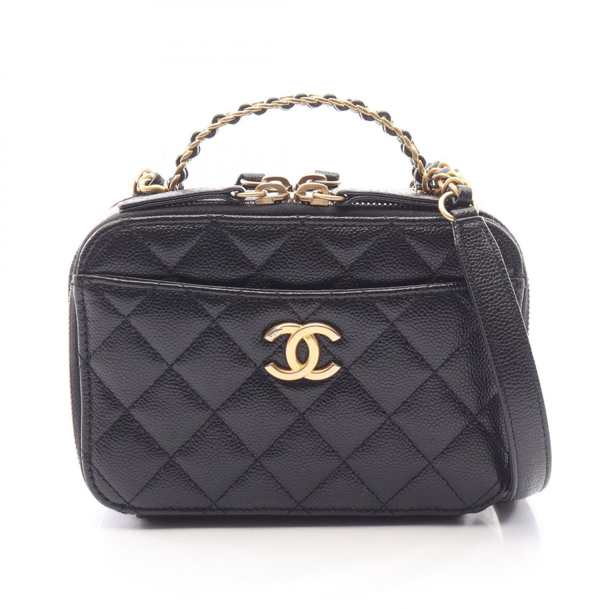 Chanel Shoulder Bag Quilted Vanity 2-Way Black Caviar Leather Top Handle Chain