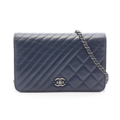 Chanel Shoulder Bag Coco Boy Navy Lambskin Chain Wallet