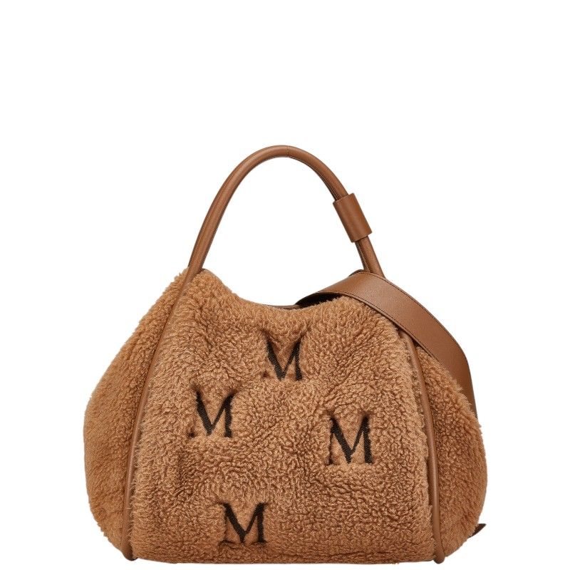 Max Mara Marine Teddy Bear Shopping 2-Way Shoulder Bag Brown Fur Leather