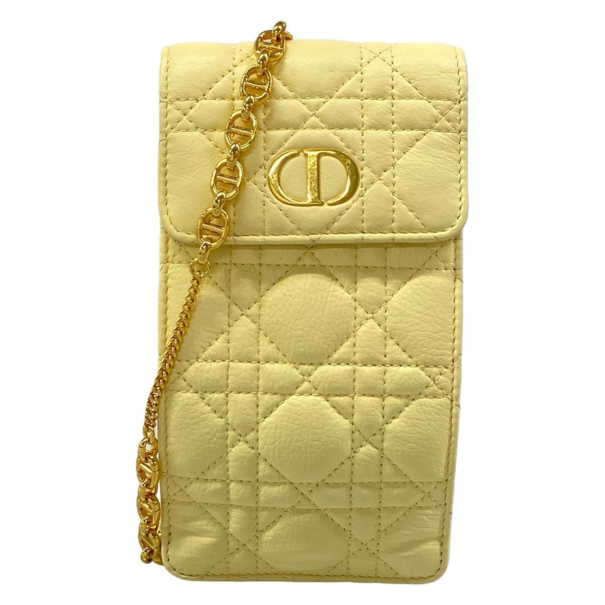 Dior Shoulder Bag Cannage Stitch Light Yellow Chain Smartphone Pochette