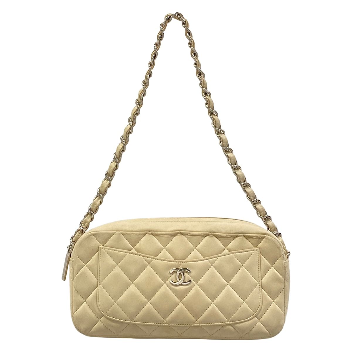 Chanel Shoulder Bag Quilted Ivory Logo Light Boutique Lambskin