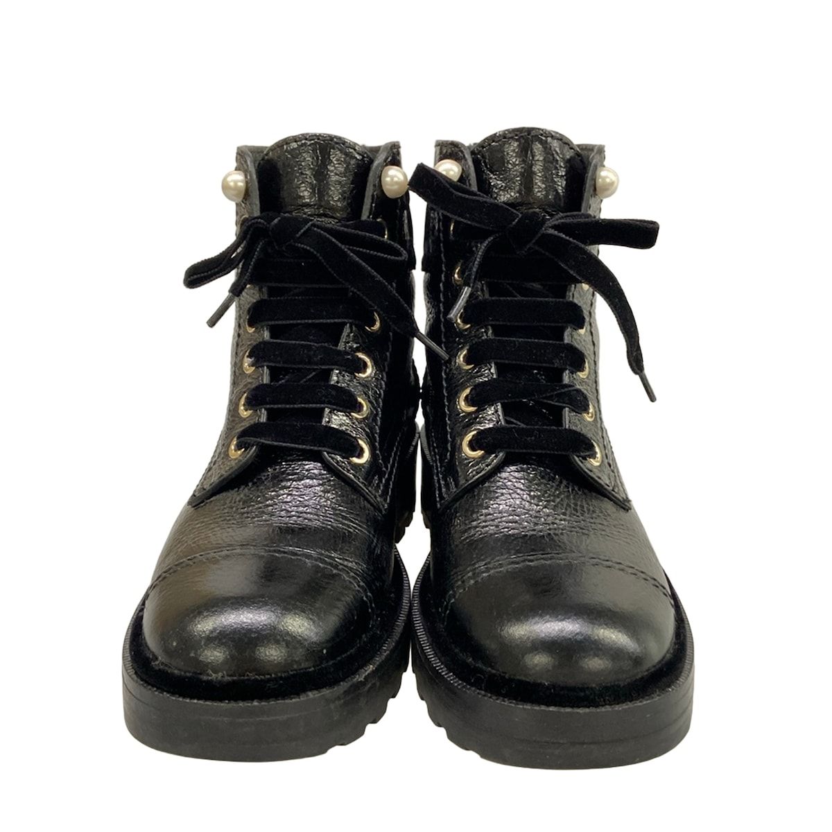 Chanel Short Boots Black Faux Pearl Lace-up Leather — view 5