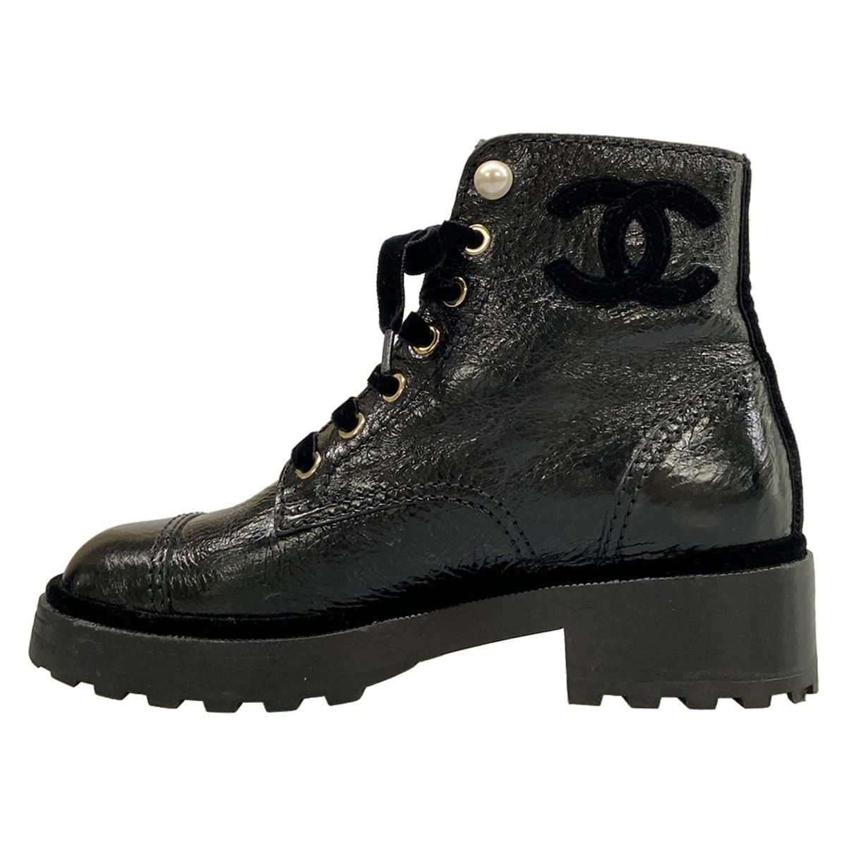 Chanel Short Boots Black Faux Pearl Lace-up Leather — view 3