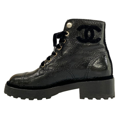 Chanel Short Boots Black Faux Pearl Lace-up Leather — view 3