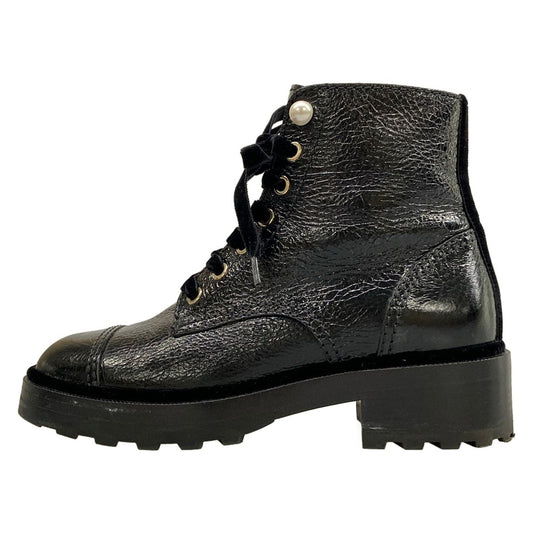 Chanel Short Boots Black Faux Pearl Lace-up Leather