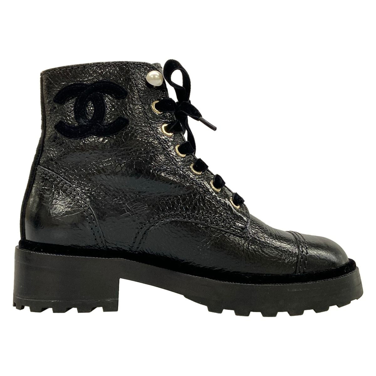 Chanel Short Boots Black Faux Pearl Lace-up Leather — view 2
