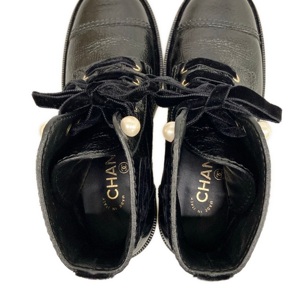 Chanel Short Boots Black Faux Pearl Lace-up Leather — view 7