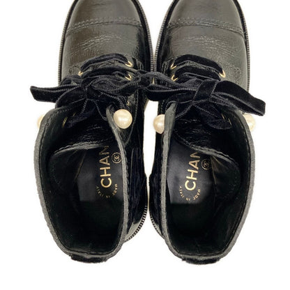 Chanel Short Boots Black Faux Pearl Lace-up Leather — view 7