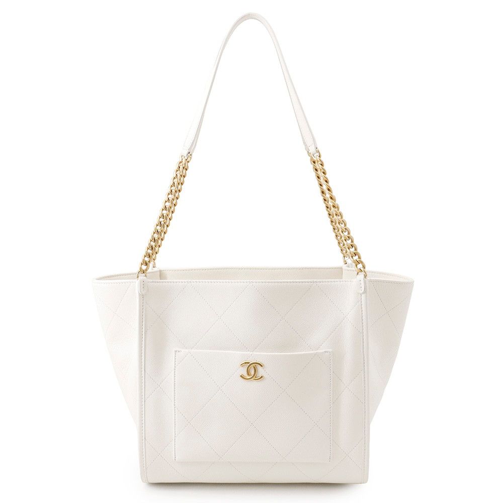 Chanel Chain Tote CC Logo Stitch Pocket CC Caviar Leather Shoulder Bag White