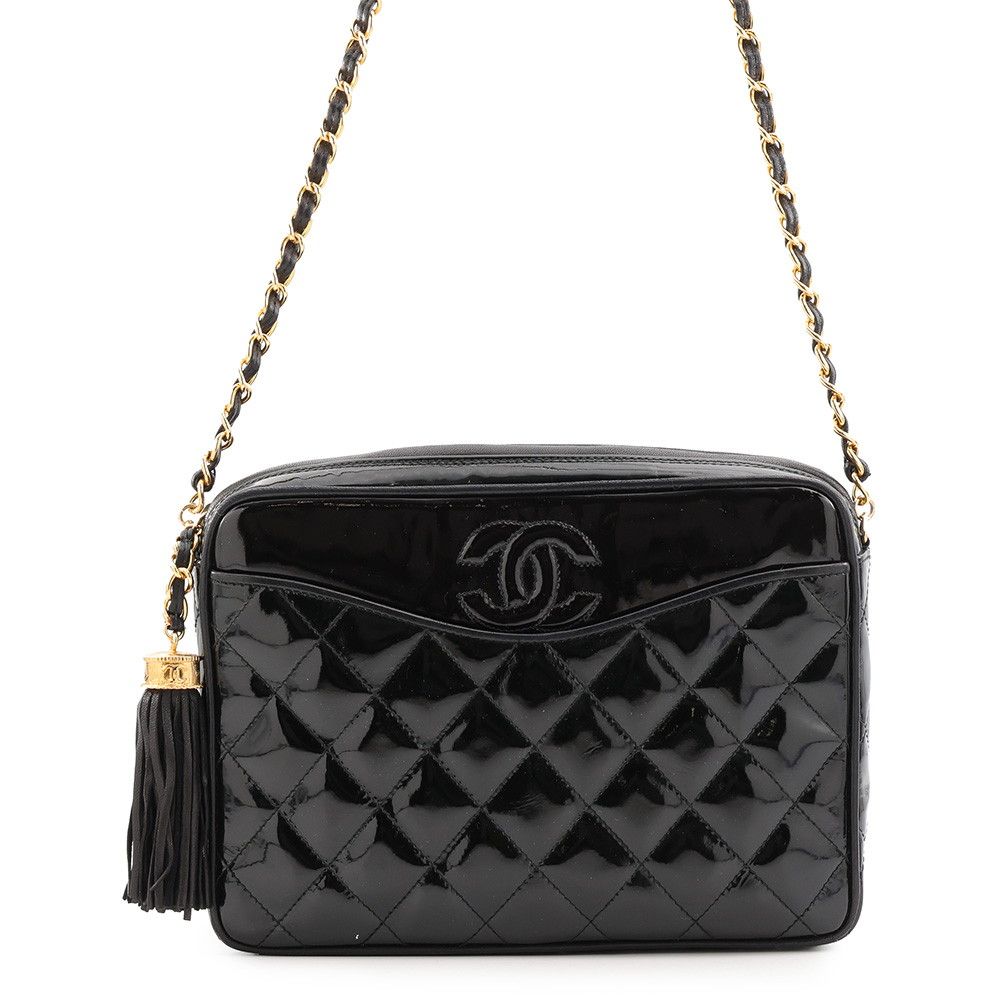 Chanel Chain Shoulder Bag Quilted CC Logo Patent Black