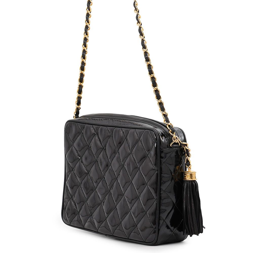 Chanel Chain Shoulder Bag Quilted CC Logo Patent Black — view 2