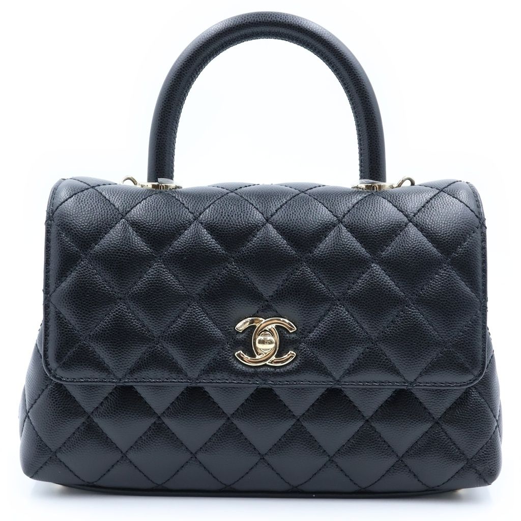 Chanel Top Handle XS 2-Way Chain Shoulder Bag Black Caviar Leather Plate Gold