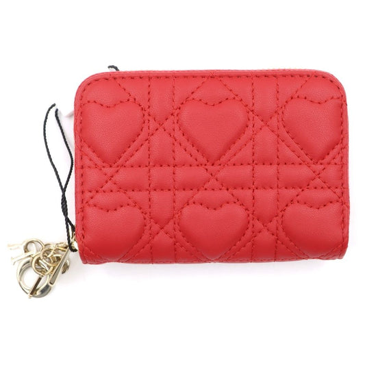 Dior Cannage Heart Mini Wallet Coin Purse Red Leather Gold
